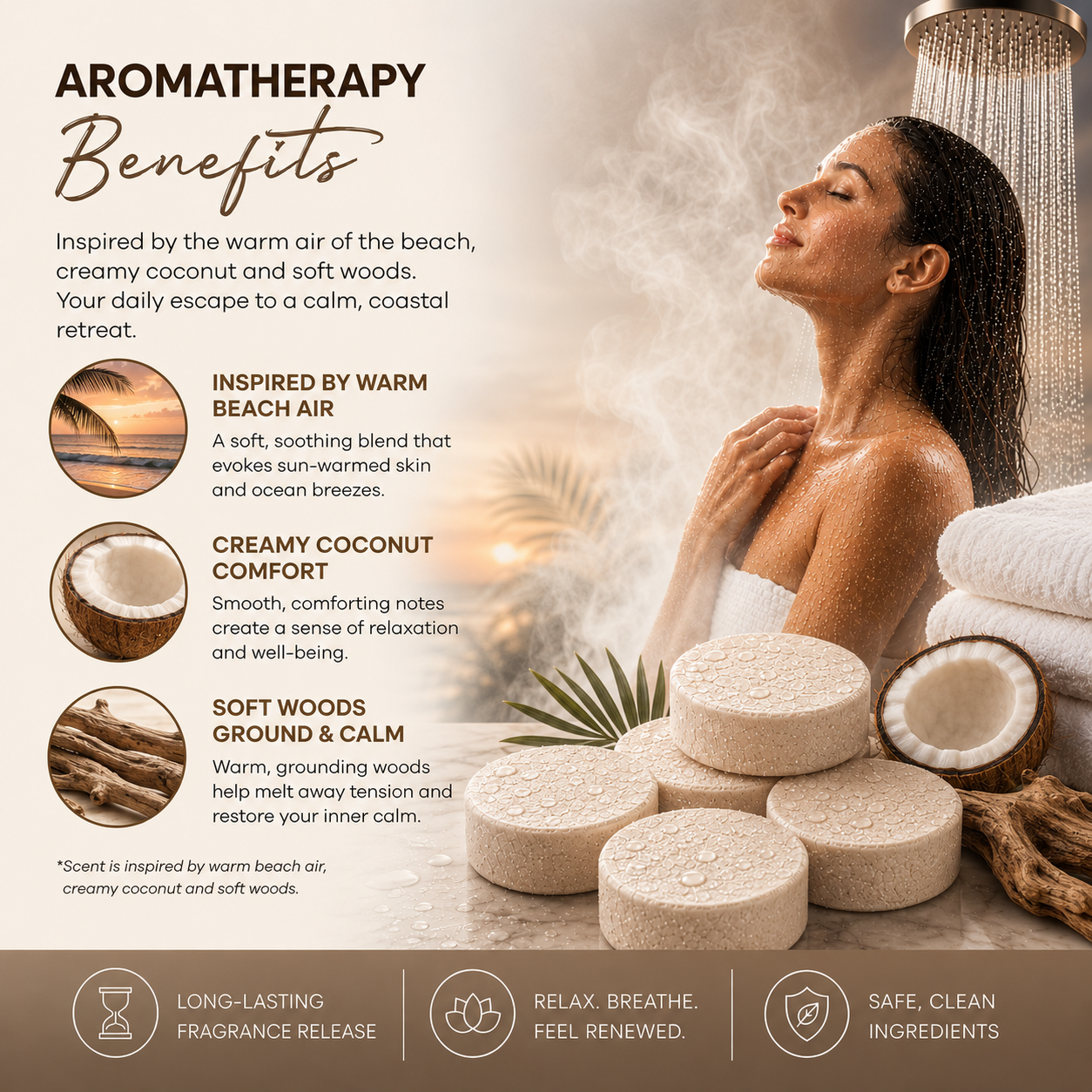 coconut sandalwood shower steamers, aromatherapy shower steamers, shower bombs for women, spa shower tablets, self care gifts for women, relaxing shower steamers, luxury shower steamers, shower aromatherapy tablets, spa gifts for women, vegan shower steamers, shower melts aromatherapy, sandalwood shower steamers