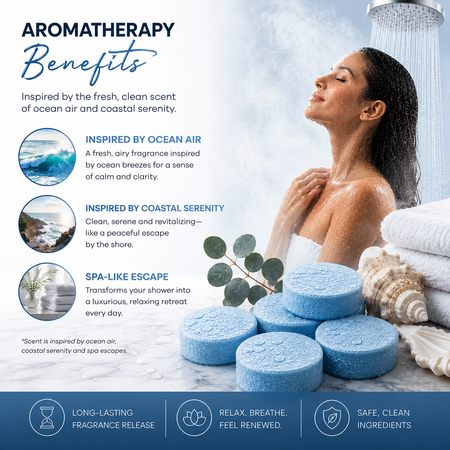 coastal shower steamers, ocean inspired shower steamers, aromatherapy shower bombs, relaxing shower steamers, spa shower tablets, self care shower products, luxury shower steamers, shower melts for women, vegan shower steamers, clean scent shower steamers, spa gifts for women