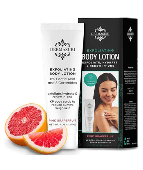 Dermasuri exfoliating body lotion for smoothing bumps and improving skin texture.