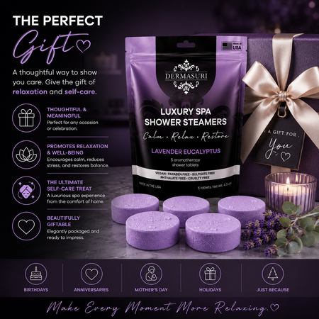 lavender eucalyptus shower steamers, shower steamers for stress relief, aromatherapy shower bombs, spa shower tablets, relaxing shower steamers, shower melts for women, self care gifts, eucalyptus shower steamers, lavender shower steamers, vegan shower steamers