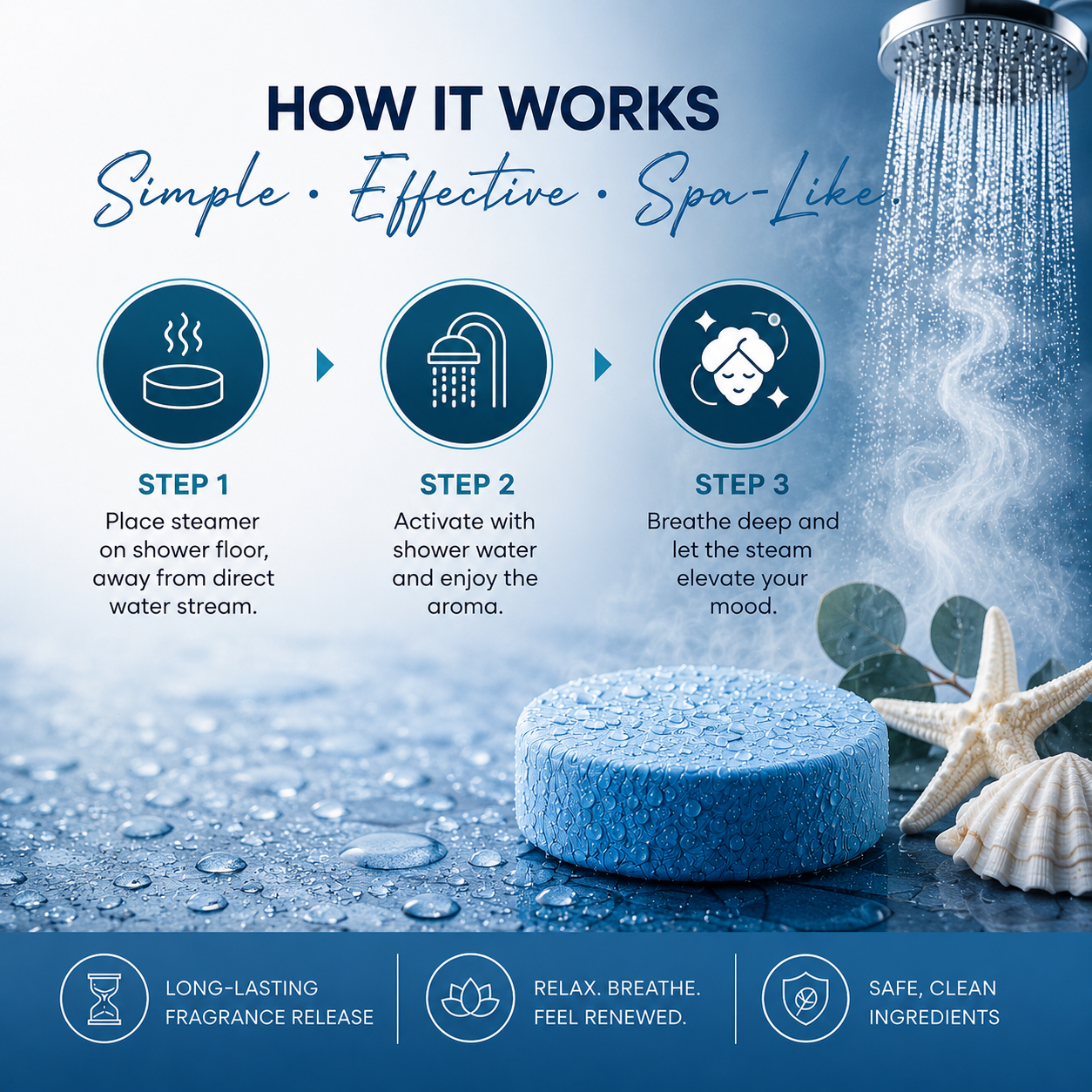 coastal shower steamers, ocean inspired shower steamers, aromatherapy shower bombs, relaxing shower steamers, spa shower tablets, self care shower products, luxury shower steamers, shower melts for women, vegan shower steamers, clean scent shower steamers, spa gifts for women