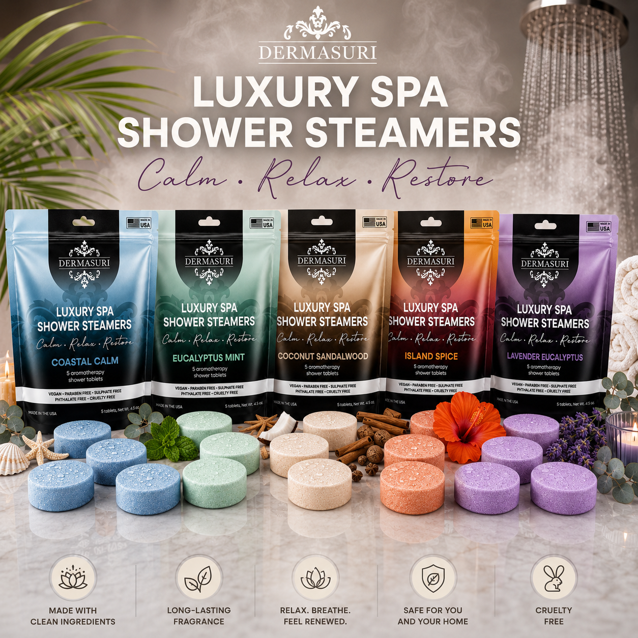coastal shower steamers, ocean inspired shower steamers, aromatherapy shower bombs, relaxing shower steamers, spa shower tablets, self care shower products, luxury shower steamers, shower melts for women, vegan shower steamers, clean scent shower steamers, spa gifts for women
