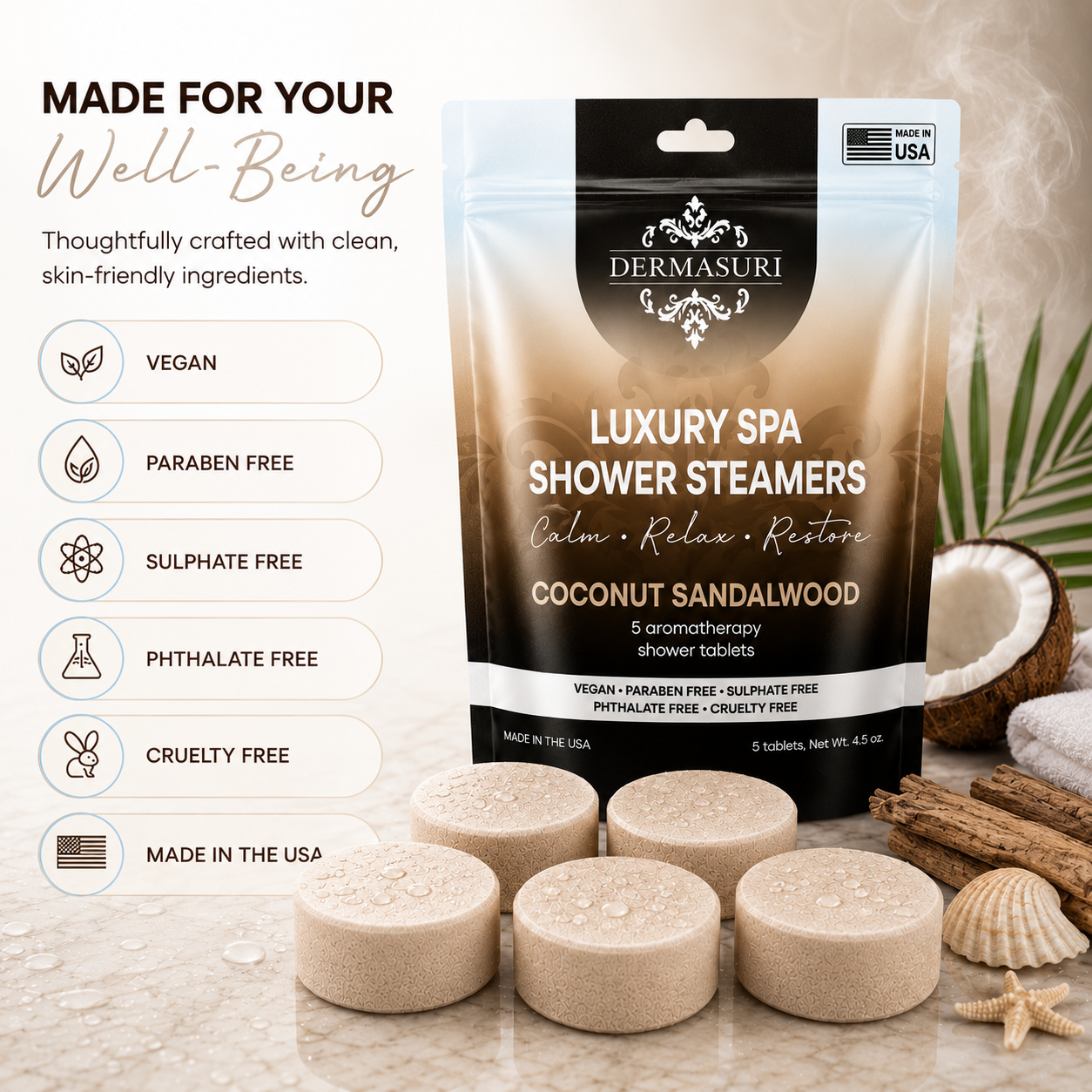 coconut sandalwood shower steamers, aromatherapy shower steamers, shower bombs for women, spa shower tablets, self care gifts for women, relaxing shower steamers, luxury shower steamers, shower aromatherapy tablets, spa gifts for women, vegan shower steamers, shower melts aromatherapy, sandalwood shower steamers