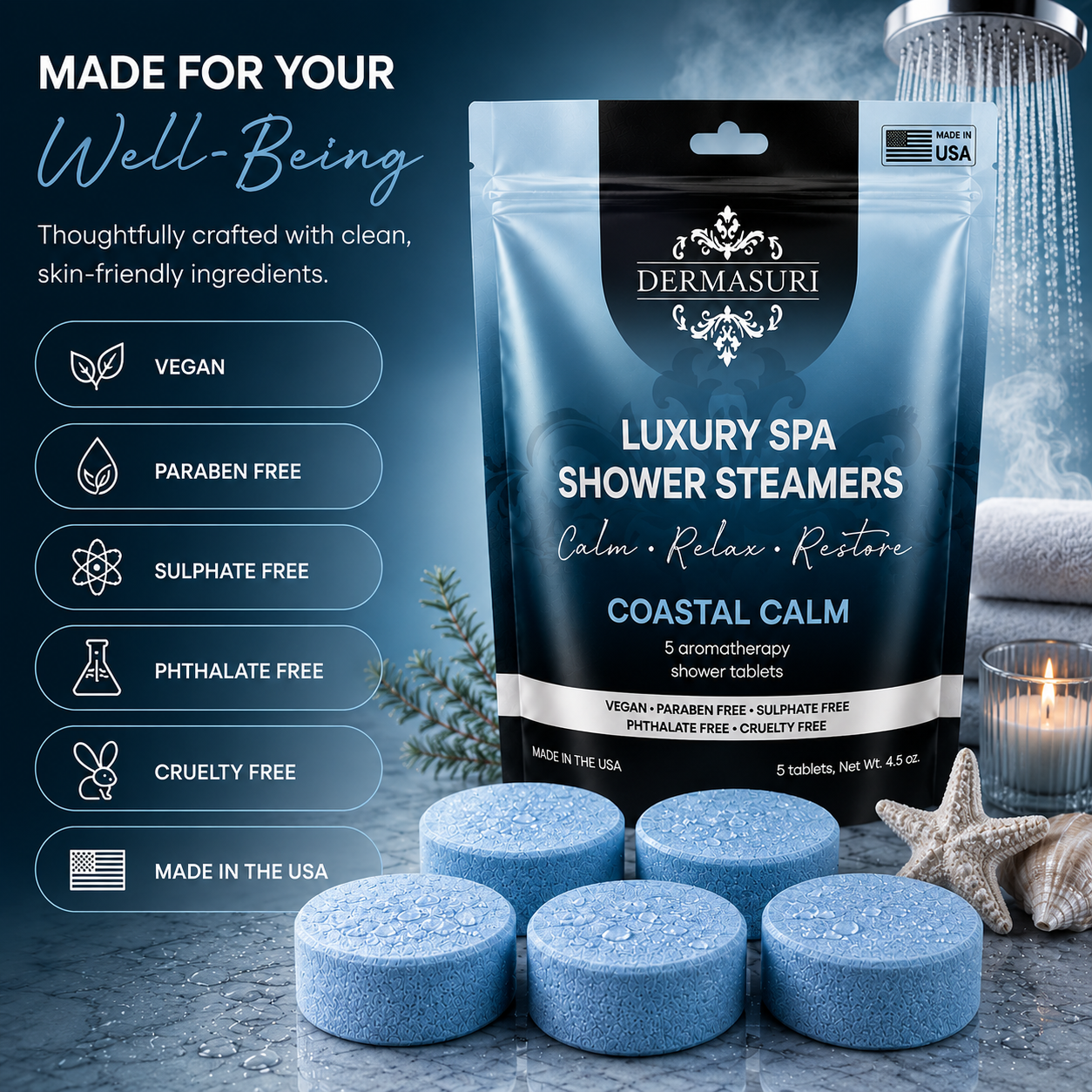 coastal shower steamers, ocean inspired shower steamers, aromatherapy shower bombs, relaxing shower steamers, spa shower tablets, self care shower products, luxury shower steamers, shower melts for women, vegan shower steamers, clean scent shower steamers, spa gifts for women