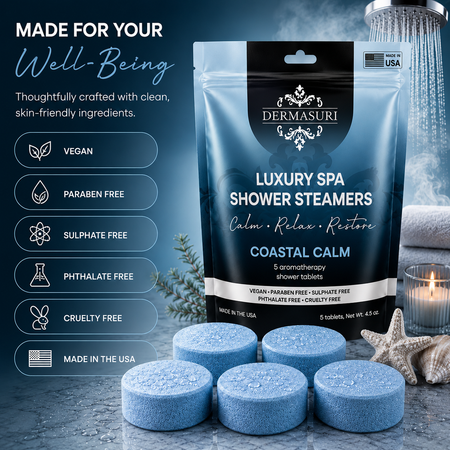 coastal shower steamers, ocean inspired shower steamers, aromatherapy shower bombs, relaxing shower steamers, spa shower tablets, self care shower products, luxury shower steamers, shower melts for women, vegan shower steamers, clean scent shower steamers, spa gifts for women