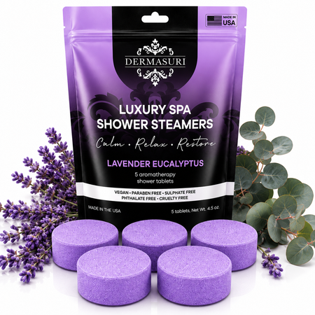 lavender eucalyptus shower steamers, shower steamers for stress relief, aromatherapy shower bombs, spa shower tablets, relaxing shower steamers, shower melts for women, self care gifts, eucalyptus shower steamers, lavender shower steamers, vegan shower steamers