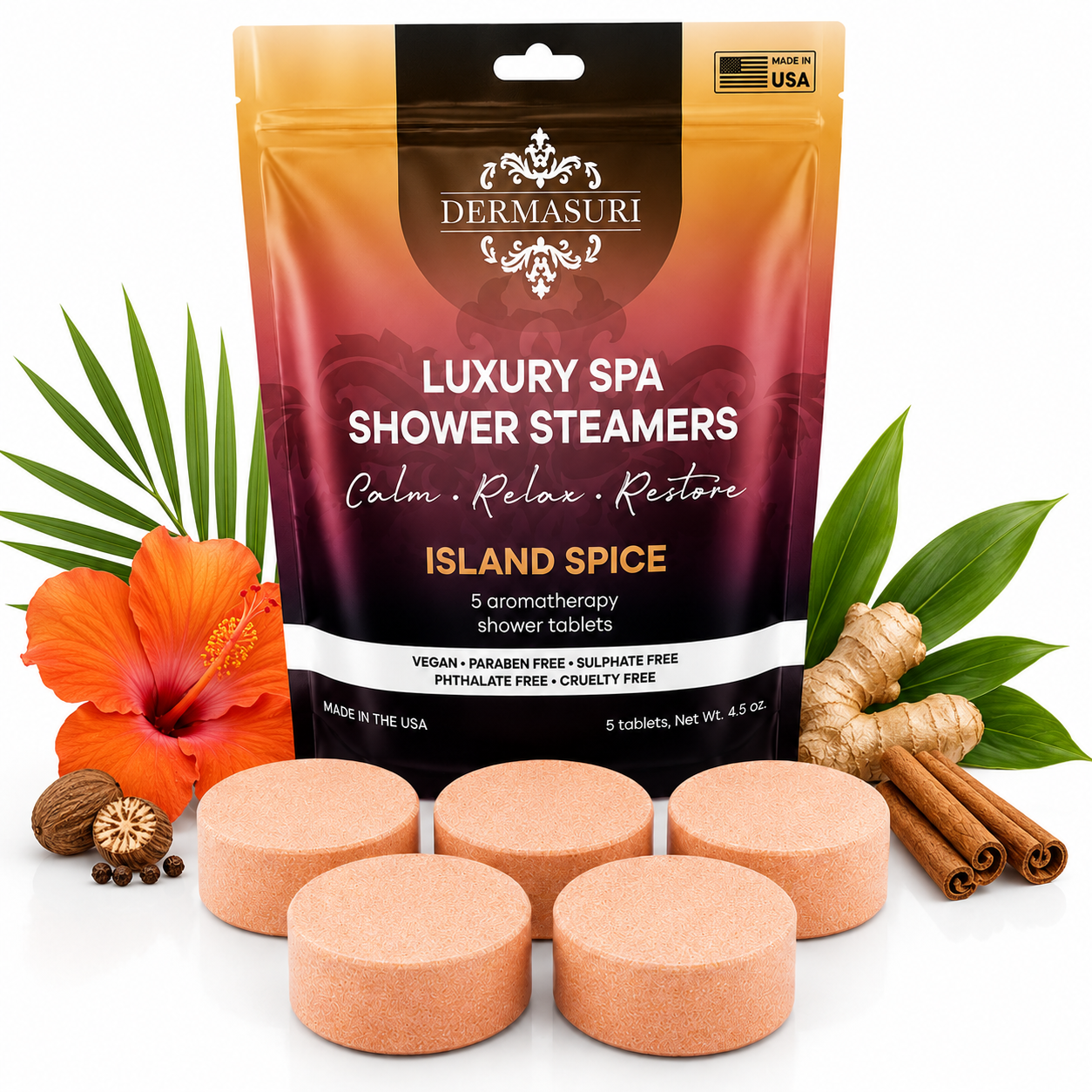 tropical shower steamers, island spice shower steamers, aromatherapy shower bombs, spa shower tablets, shower melts for women, self care gifts, luxury shower steamers, vegan shower steamers, tropical spa shower products
