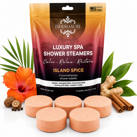 tropical shower steamers, island spice shower steamers, aromatherapy shower bombs, spa shower tablets, shower melts for women, self care gifts, luxury shower steamers, vegan shower steamers, tropical spa shower products