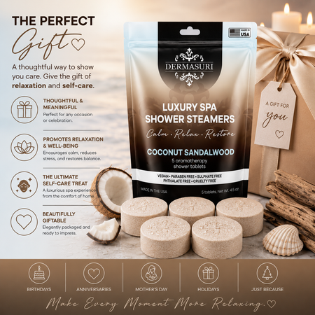 coconut sandalwood shower steamers, aromatherapy shower steamers, shower bombs for women, spa shower tablets, self care gifts for women, relaxing shower steamers, luxury shower steamers, shower aromatherapy tablets, spa gifts for women, vegan shower steamers, shower melts aromatherapy, sandalwood shower steamers