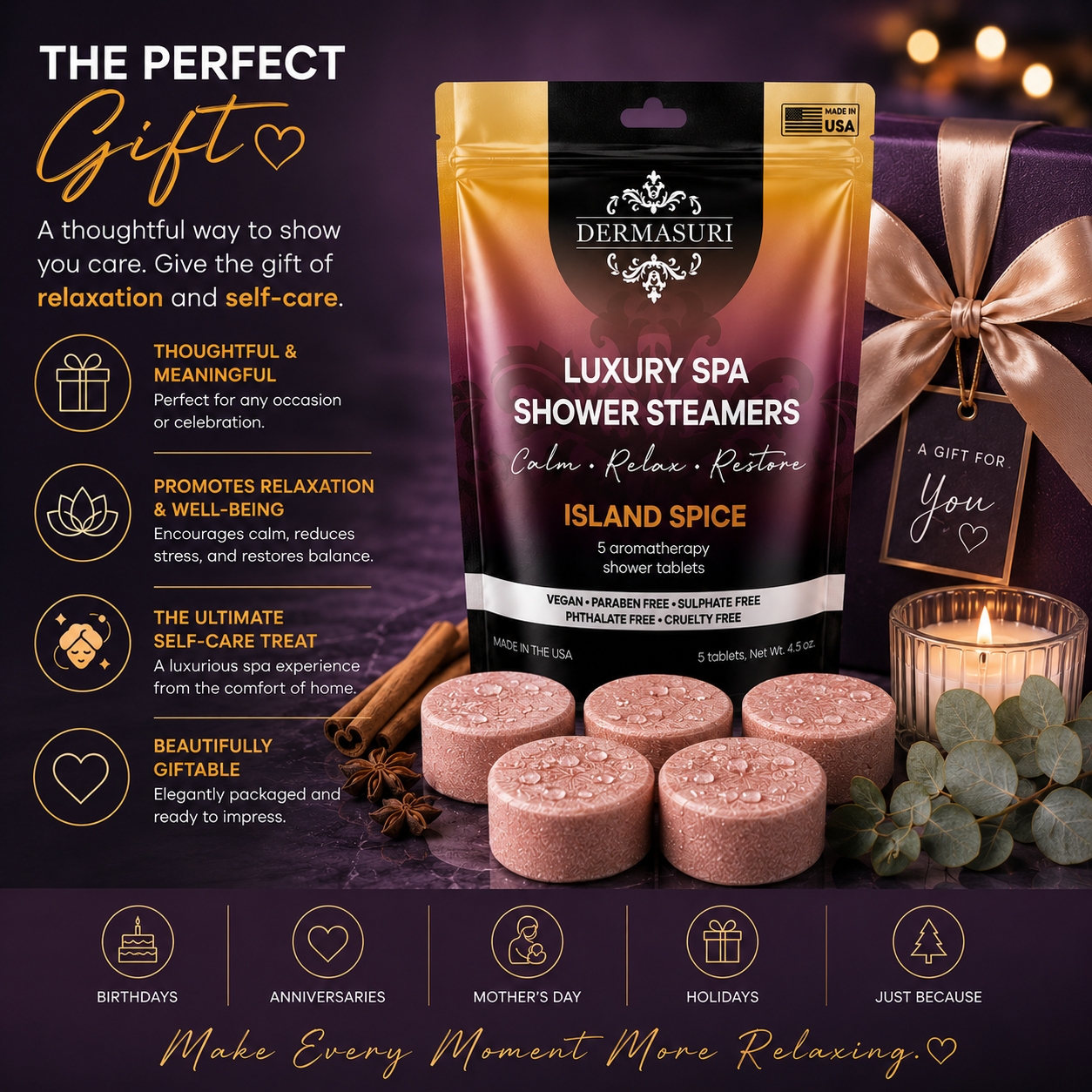 tropical shower steamers, island spice shower steamers, aromatherapy shower bombs, spa shower tablets, shower melts for women, self care gifts, luxury shower steamers, vegan shower steamers, tropical spa shower products