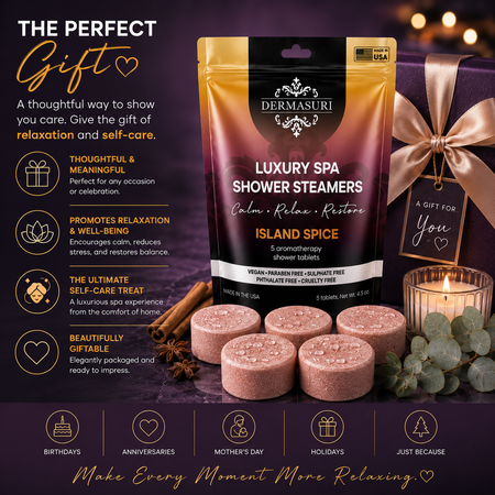 tropical shower steamers, island spice shower steamers, aromatherapy shower bombs, spa shower tablets, shower melts for women, self care gifts, luxury shower steamers, vegan shower steamers, tropical spa shower products