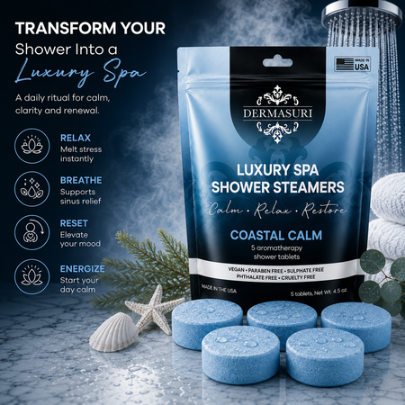coastal shower steamers, ocean inspired shower steamers, aromatherapy shower bombs, relaxing shower steamers, spa shower tablets, self care shower products, luxury shower steamers, shower melts for women, vegan shower steamers, clean scent shower steamers, spa gifts for women